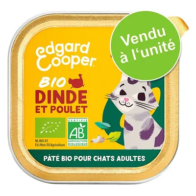 Edgard Cooper BIO Dinde et Poulet, pâté bio pour chats adultes, certifié AB Agriculture Biologique, NL-BIO-01, vendu à l’unité, texte et logos visibles sur l’emballage. Edgard Cooper BIO Dinde et Poulet, pâté bio pour chats adultes, certifié AB Agriculture Biologique, NL-BIO-01, vendu à l’unité, texte et logos visibles sur l’emballage.
