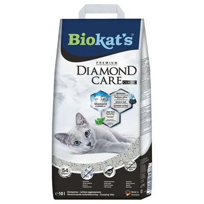 Biokat's Diamond Care Classic, 10 l. Na embalaži: slika mačke, napis '54 dni', poudarki Diamond Formula, Aloe Vera, aktivno oglje. Izdelek iz Nemčije.