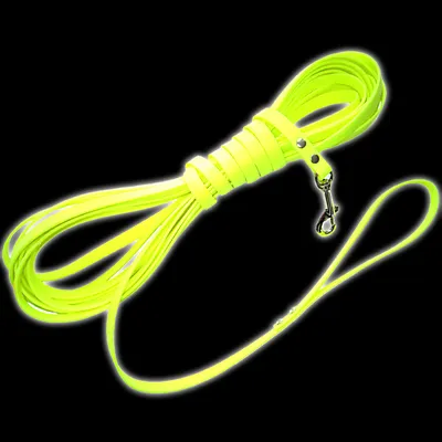 Laisse pour chien jaune fluo avec mousqueton en métal et poignée, en matériau robuste.