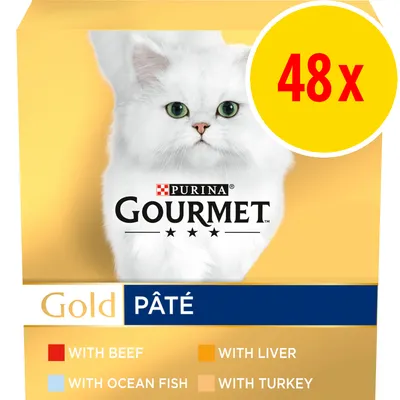 Purina Gourmet Gold Pâté, 48 pack. Contains beef, liver, ocean fish and turkey varieties as shown in coloured boxes.