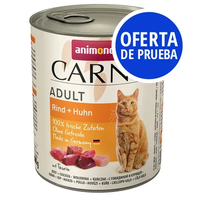 Lata de comida para gatos Animonda Carny Adult Rind + Huhn. Texto visible: 100% frische Zutaten, Ohne Getreide, Made in Germany. Sello azul: OFERTA DE PRUEBA.