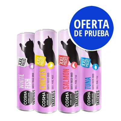 Cosma Snackies XXL piezas: White Fish, Chicken, Salmon, Tuna. Oferta de prueba visible en círculo azul. Texto en inglés en los envases: gently freeze-dried, 100 % pure meat/fish.