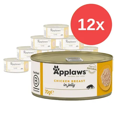 12× Applaws Chicken Breast in jelly, 70 g konzervy. Na obalu: Certified B Corporation, Made with natural ingredients.