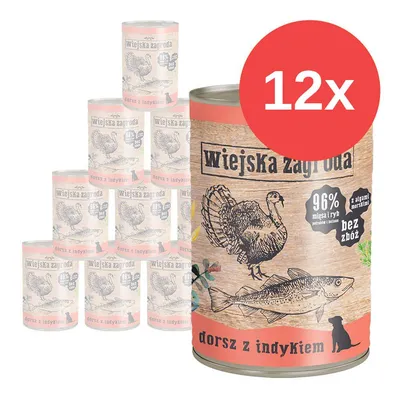 Balení 12 konzerv Wiejska Zagroda dorsz z indykiem, 96 % mięsa i ryb, bez zbóż, z algami mořskými. Text v polštině. Balení 12 konzerv Wiejska Zagroda dorsz z indykiem, 96 % mięsa i ryb, bez zbóż, z algami mořskými. Text v polštině.