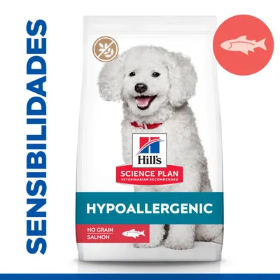 Pienso para perros Hill's Science Plan Hypoallergenic, sin cereales, salmón. Texto visible: SENSIBILIDADES, NO GRAIN SALMON, iconos de espiga tachada y pez. Pienso para perros Hill's Science Plan Hypoallergenic, sin cereales, salmón. Texto visible: SENSIBILIDADES, NO GRAIN SALMON, iconos de espiga tachada y pez.