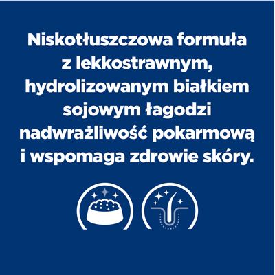 Niskotłuszczowa formuła z lekkostrawnym, hydrolizowanym białkiem sojowym łagodzi nadwrażliwość pokarmową i wspomaga zdrowie skóry.