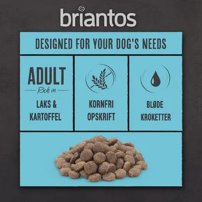 briantos, Designed for your dog's needs, ADULT Rich in laks & kartoffel, Kornfri opskrift, Bløde kroketter. Billede af tørfoderpiller foran blå baggrund.