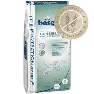 Sac de croquettes bosch Sensible Renal & Reduction 11,5 kg, mention « sans céréales », texte visible en allemand et anglais, logo Life Protection Concept, fabriqué en Allemagne.