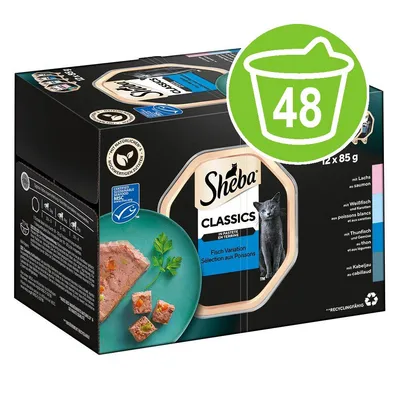 Sheba Classics Fish Variation in Pastete, 12 x 85g packs. Green icon with bucket and number 48. Visible MSC certified seafood label and natural ingredients symbol. Sheba Classics Fish Variation in Pastete, 12 x 85g packs. Green icon with bucket and number 48. Visible MSC certified seafood label and natural ingredients symbol.