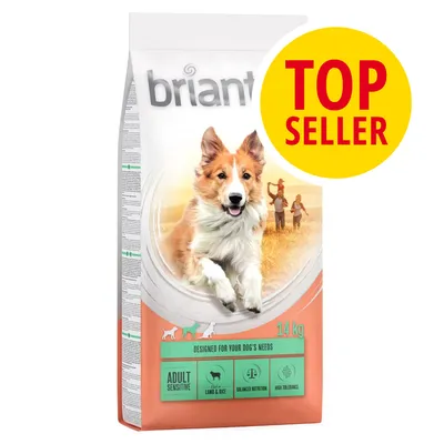 Saco de pienso para perros briantos Adult Sensitive, 14 kg. Texto visible: 'Lamb & Rice', 'Balanced Nutrition', 'High Tolerance'. Sello amarillo con texto 'TOP SELLER'.