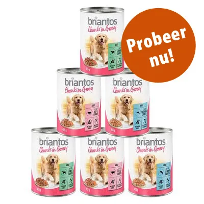 6 blikken Briantos Chunks in Gravy hondenvoer, verschillende varianten zichtbaar. Grote oranje cirkel met tekst: Probeer nu!