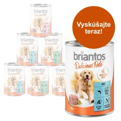 Konzervy Briantos Delicious Paté pre psov, 400 g, viditeľné varianty s označením Adult, Grain-Free Recipe, bez pridaného cukru, bez umelých aróm. Oranžový kruh: Vyskúšajte teraz!