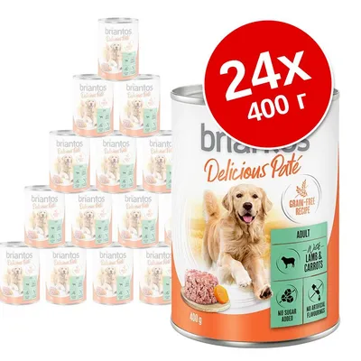 Набор из 24 консервов Briantos Delicious Paté для взрослых собак, ягнёнок и морковь, без зерна, 400 г каждая банка. Видны значки: без сахара, без искусственных ароматизаторов. Набор из 24 консервов Briantos Delicious Paté для взрослых собак, ягнёнок и морковь, без зерна, 400 г каждая банка. Видны значки: без сахара, без искусственных ароматизаторов.