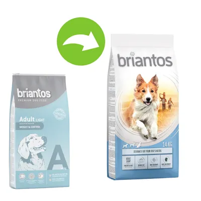 Zmiana opakowania karmy dla psów Briantos Adult Light 14 kg. Po lewej stare, po prawej nowe opakowanie z psem i rodziną na tle pola. Widoczne logo Briantos na obu opakowaniach.
