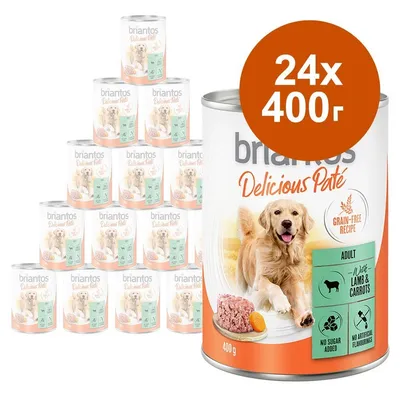 Пакет 24 консерви Briantos Delicious Paté, 400 г, Adult, Grain-Free Recipe, Lamb & Carrots, без добавена захар и изкуствени аромати. Видими са кутии с етикети и информация.