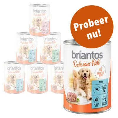 briantos Delicious Paté blik hondenvoer 400 g, afbeelding van hond, tekst: Grain-Free Recipe, Adult, No Sugar Added, No Artificial Colouring, Probeer nu! briantos Delicious Paté blik hondenvoer 400 g, afbeelding van hond, tekst: Grain-Free Recipe, Adult, No Sugar Added, No Artificial Colouring, Probeer nu!