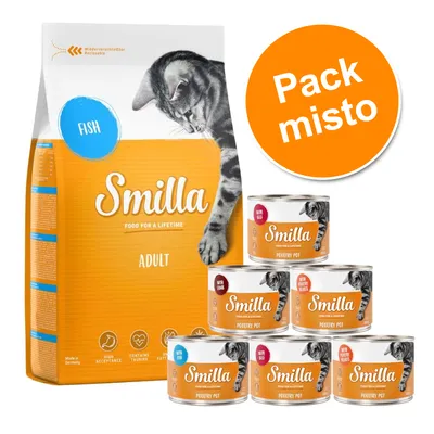 Smilla Adult, embalagem de ração seca Fish e seis latas Poultry Pot com diferentes variedades. Texto visível: 'Pack misto', 'Food for a lifetime', 'High acceptance', 'Contains taurine'.