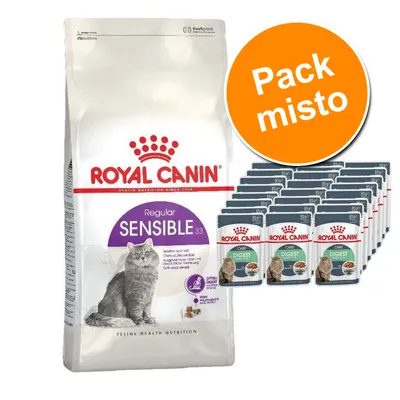 Royal Canin Regular Sensible 33 saco de ração seca para gatos e vários pacotes Royal Canin Care Digest húmido. Círculo laranja com texto: Pack misto.