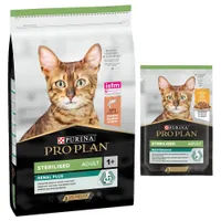 Pack bi-nutrition : PURINA PRO PLAN 10 kg de croquettes + 12 sachets de 85 g - 10 kg Sterilised riches en saumon + 12 x 85 g Sterilised poulet