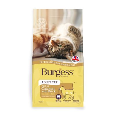 Burgess Adult Cat food, rich in chicken with duck. Highlights: dental health, skin and coat health, digestive comfort. Suitable for adult cats. 4kg pack.