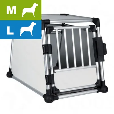 Cage de transport pour chien en métal, tailles M et L indiquées par pictogrammes. Structure argentée avec porte à barreaux et coins renforcés noirs, fond et côtés pleins gris clair.