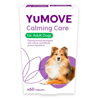 YuMOVE Calming Care for adult dogs, calming formula with natural, scientifically proven ingredients, 60 tablets pack shown.