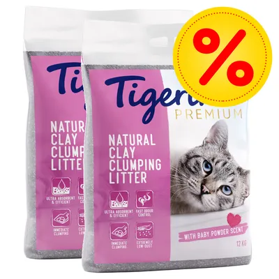 Två påsar Tigerino Premium Natural Clay Clumping Litter, 12 kg, med text: ultra absorbent & efficient, fast odour control, immediate clumping, extremely low-dust. Procent-symbol synlig.