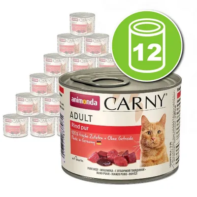 Lot de 12 boîtes Animonda Carny Adult Rind pur, 100 % frische Zutaten, Ohne Getreide, Made in Germany, avec morceaux de bœuf visibles sur l’étiquette.
