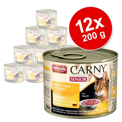 Lot de 12 boîtes Animonda Carny Senior, bœuf et poulet avec fromage, 200 g chacune. Texte visible : 'getreidefrei', '100% frische Zutaten', 'Made in Germany', 'mit Taurin'.