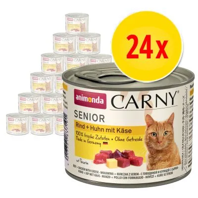 24x Animonda Carny Senior, Rind + Huhn mit Käse, 100% frische Zutaten, Ohne Getreide, Made in Germany. Bild på katt och köttbitar med ost på burkens etikett.