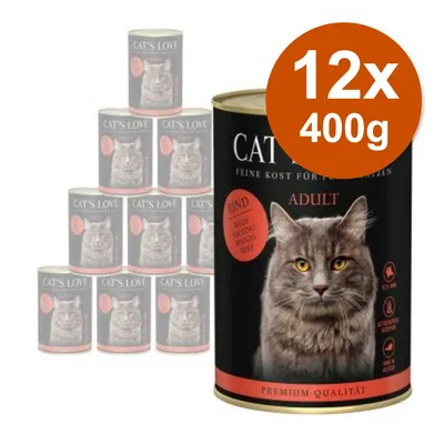 Set 12 lattine Cat's Love Adult, manzo, 400 g ciascuna. Immagine della confezione con gatto grigio sull'etichetta e scritte: Rind, Adult, Premium-Qualität.