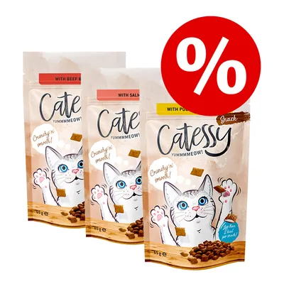Tri balenia Catessy Snack, príchute with beef, with salmon, with poultry, 65 g. Veľká červená zľavová ikona s percentom v pravom hornom rohu.