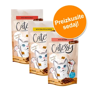 Tri vrečke Catessy Snack, okusi: with beef & malt, with poultry & cheese, with salmon. Na oranžnem krogu besedilo: Preizkusite sedaj! Vsaka vrečka 55 g. Tri vrečke Catessy Snack, okusi: with beef & malt, with poultry & cheese, with salmon. Na oranžnem krogu besedilo: Preizkusite sedaj! Vsaka vrečka 55 g.