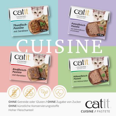 Catit Cuisine Hühnerfleisch-Pastete mit Hühnerleber, getreidefrei, 95g. Verpackung zeigt Produkt und Katze.