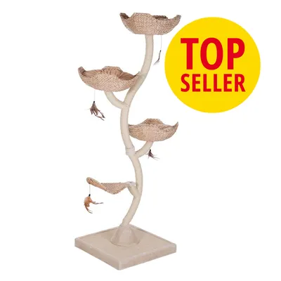 Kratzbaum mit vier geflochtenen Liegeflächen, Spielzeug-Federn und stabilem Standfuß. Gelber Kreis mit rotem Text: TOP SELLER. Kratzbaum mit vier geflochtenen Liegeflächen, Spielzeug-Federn und stabilem Standfuß. Gelber Kreis mit rotem Text: TOP SELLER.