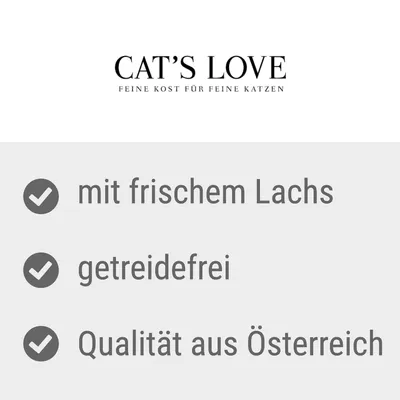 CAT'S LOVE. FEINE KOST FÜR FEINE KATZEN. mit frischem Lachs, getreidefrei, Qualität aus Österreich (текст на немецком языке)