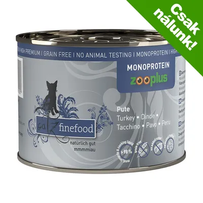 catz finefood Monoprotein zooplus pulyka konzerv, Csak nálunk! felirattal, 98% hús és főzőlé, grain free, no animal testing, német, több nyelvű feliratokkal catz finefood Monoprotein zooplus pulyka konzerv, Csak nálunk! felirattal, 98% hús és főzőlé, grain free, no animal testing, német, több nyelvű feliratokkal