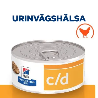 Hill's Prescription Diet c/d burk med texten 'URINVÄGSHÄLSA' och en orange kycklingsymbol synlig ovanför förpackningen.