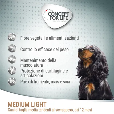 Concept for Life Medium Light: fibre vegetali, controllo peso, mantenimento muscolatura, protezione cartilagini e articolazioni, senza frumento, mais e soia. Per cani medi dal 12° mese.