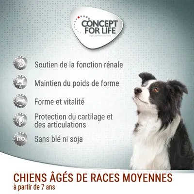 Concept for Life. Chiens âgés de races moyennes à partir de 7 ans. Soutien rénal, poids de forme, vitalité, protection des articulations, sans blé ni soja.