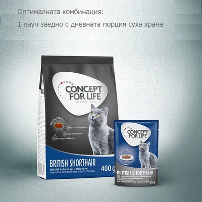 CONCEPT FOR LIFE BRITISH SHORTHAIR суха храна 400 г и пауч 85 г за котки. Текст: Оптималната комбинация: 1 пауч заедно с дневната порция суха храна.