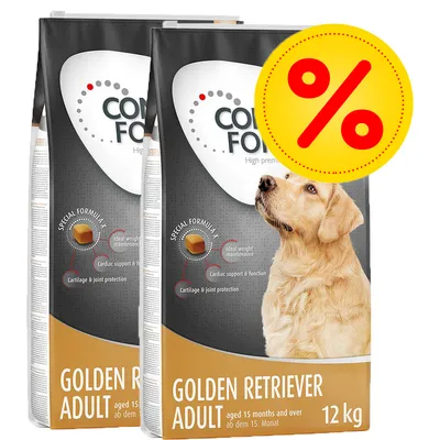 To sække hundefoder med teksten 'GOLDEN RETRIEVER ADULT aged 15 months and over 12 kg' og et stort gult procenttegn, der indikerer tilbud. To sække hundefoder med teksten 'GOLDEN RETRIEVER ADULT aged 15 months and over 12 kg' og et stort gult procenttegn, der indikerer tilbud.