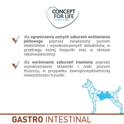 Concept for Life Veterinary Diet Gastro Intestinal: ograniczenie ostrych zaburzeń wchłaniania jelitowego, wyrównanie zaburzeń trawienia; składniki wysoko strawne, niski poziom tłuszczu.