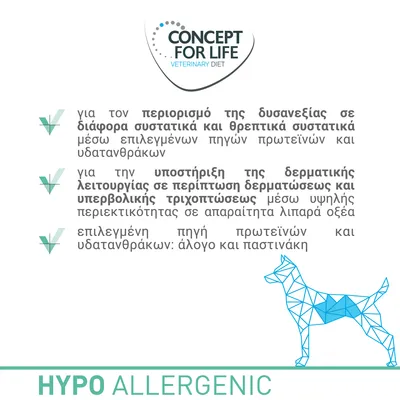 CONCEPT FOR LIFE VETERINARY DIET. Περιορισμός δυσανεξίας σε συστατικά, υποστήριξη δερματικής λειτουργίας, επιλεγμένη πρωτεΐνη άλογο και υδατάνθρακες παστινάκη. HYPO ALLERGENIC.