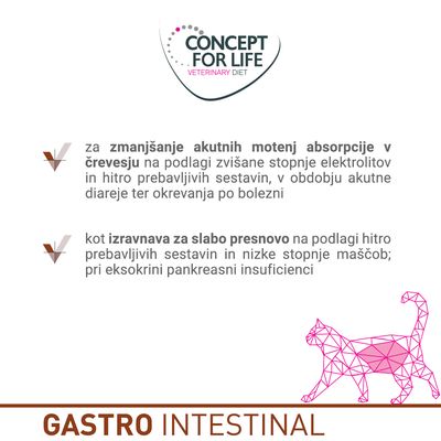 CONCEPT FOR LIFE VETERINARY DIET. Za zmanjšanje akutnih motenj absorpcije v črevesju in izravnavo za slabo presnovo. GASTRO INTESTINAL. Besedilo v slovenščini.