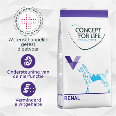 CONCEPT FOR LIFE Veterinary Diet RENAL hondenvoer. Wetenschappelijk getest dieetvoer. Ondersteuning van de nierfunctie. Verminderd eiwitgehalte. Developed with veterinarians & nutrition experts.