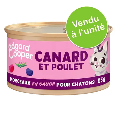edgard & cooper CANARD ET POULET MORCEAUX EN SAUCE POUR CHATONS 85g, vendu à l’unité, texte visible sur la boîte de pâtée pour chatons