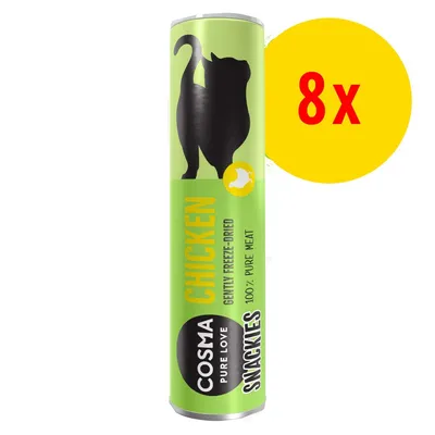 COSMA PURE LOVE SNACKIES CHICKEN, GENTLY FREEZE-DRIED, 100% PURE MEAT. Pakke med 8x vist på gul cirkel. Grøn tube med sort kattefigur.