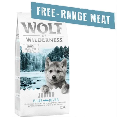 Wolf of Wilderness Junior Blue River, 12 kg, carne di pollo allevato all'aperto con salmone, frutti di bosco selvatiche, radici ed erbe, 100% grain-free recipe, scritta 'FREE-RANGE MEAT' in inglese.