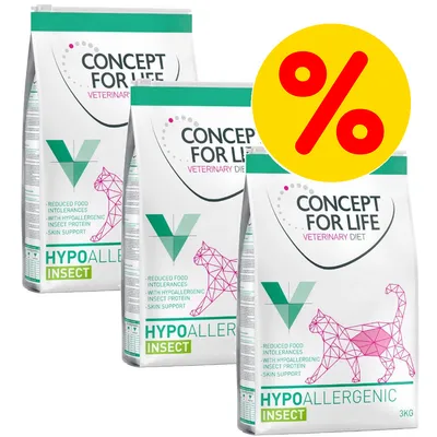 Tre poser Concept for Life Veterinary Diet Hypoallergenic Insect kattefoder, 3 kg, med teksten 'Reduced food intolerances', gul procenttegn viser tilbud eller rabat.